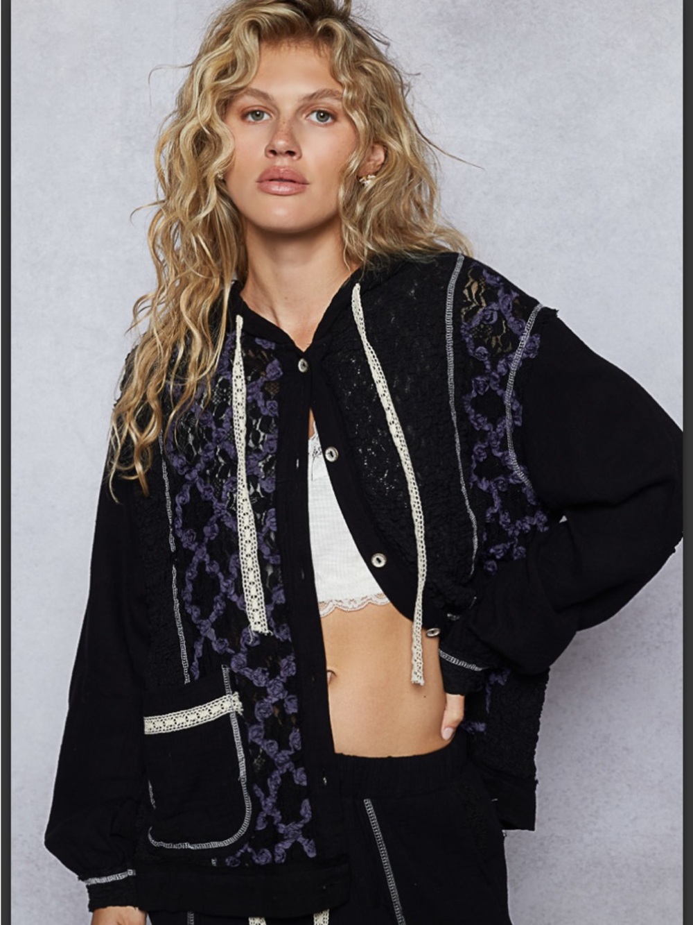 218 ❤️POL hooded relaxed fit lace gauze jacket